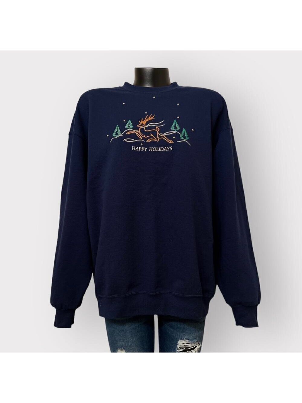 VTG Christmas Ugly Sweater Reindeer Womens XL Cozy Warm Holiday Winter Navy Blue